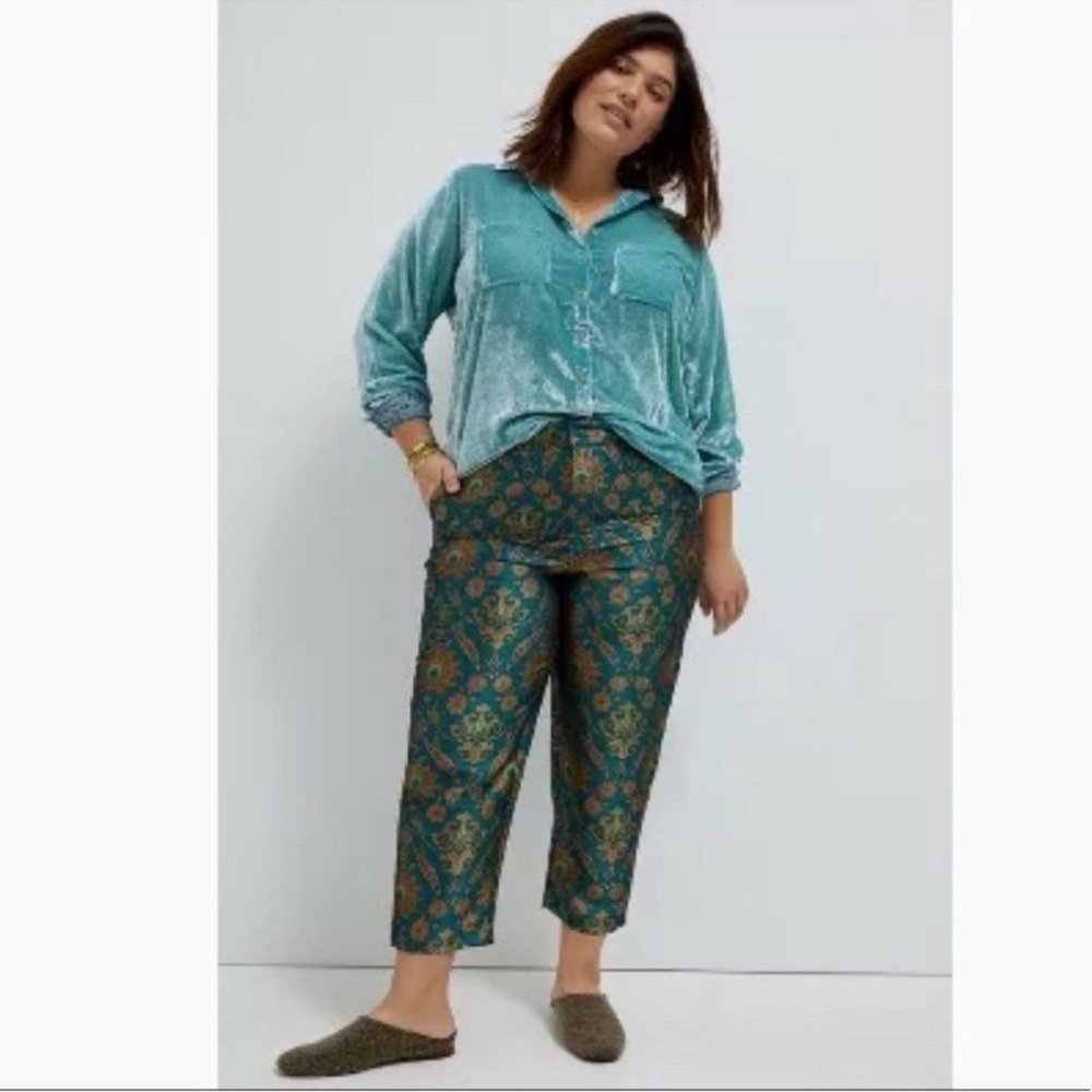 Anthropologie | Maeve Melyssa Teal Jacquard Trousers Sz L